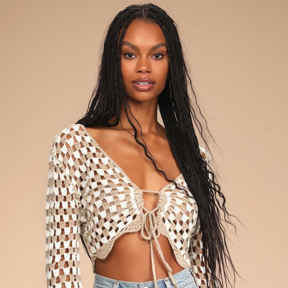 Lulu’s Bliss and Beyond Taupe Multi Long Sleeve Crochet Crop Top